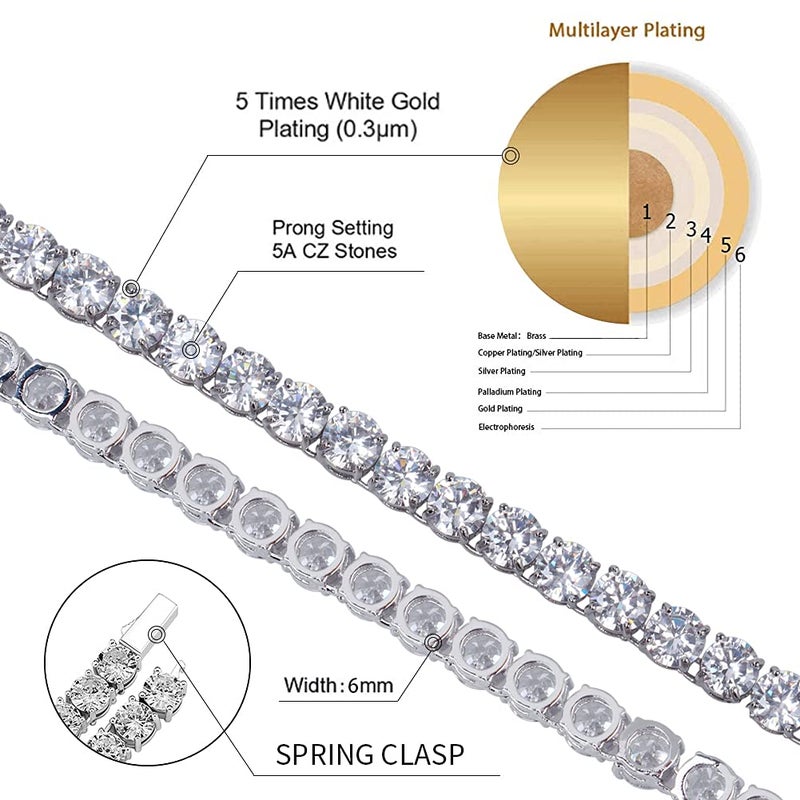 JINAO 18k Gold Plated 1 Row 6MM Lab Simulated Diamond Iced Out CZ Chain Men's Hiphop Tennis Necklace Chain - Image 2